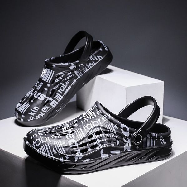 

classic printed beach shoes men comfortable hole garden shoes men lightweight clogs man sandals outdoor couple sandals hombre, Black