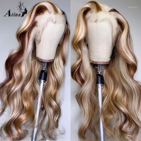 

atina ombre colored body wave human hair wig pre plucked hd transparent glueless 613 bleack knots remy lace frontal wigs weave1, Black;brown
