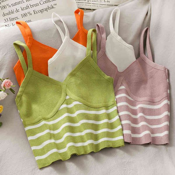 

casual striped short slimming knit vest women out wear all-match camisole sweater for summer camis 210420, White