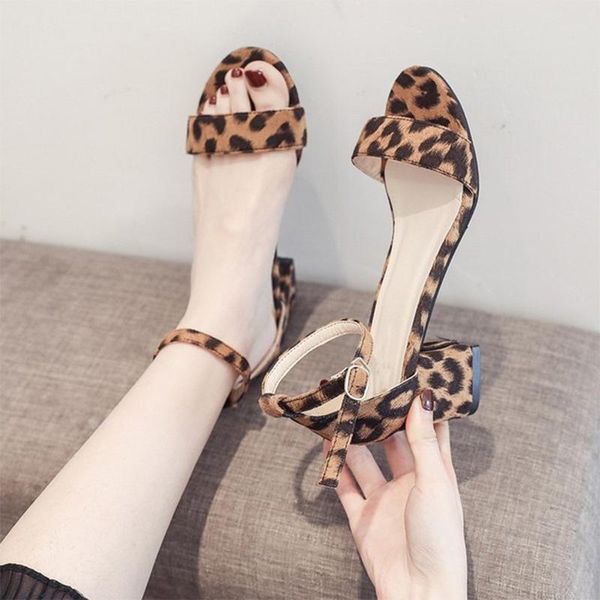 

dress shoes summer women's sandals ladies leopard mid thick heels woman buckle strap open toe women street fashion female, Black