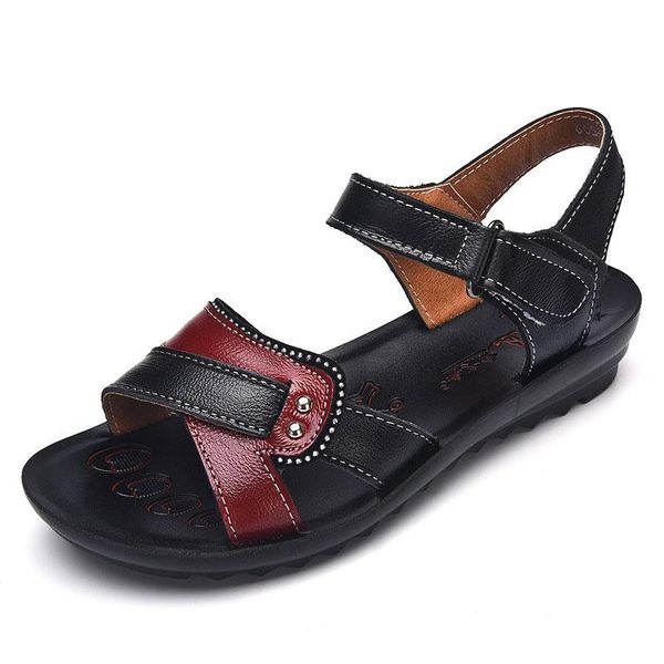 

casual shoes woman sandals 2021 summer genuine leather flats women hook loop beach ladies plus size, Black