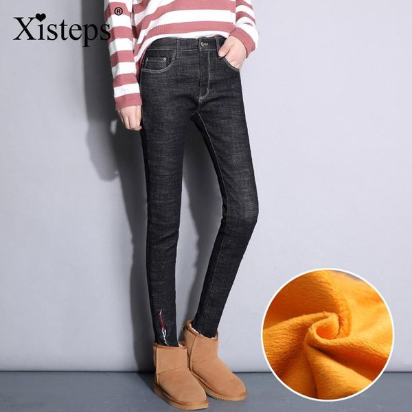 

xisteps winter thick warm velvet stretch women jeans female embroidery casual pencil pants skinny elastic trousers plus size women's, Blue