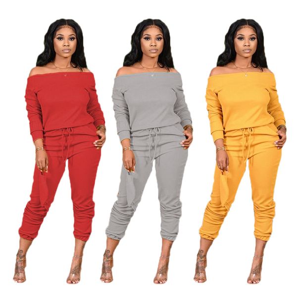 

solid knitted women set two pieces tracksuits off shoulder tee jogger sweatpant suit outfit matching, Gray