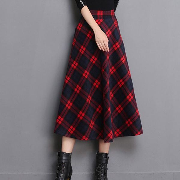 

the 2021 autumn and winter mid-length woolen skirt, multi-color large plaid elastic high waist long skirt wholesale skirts, Black
