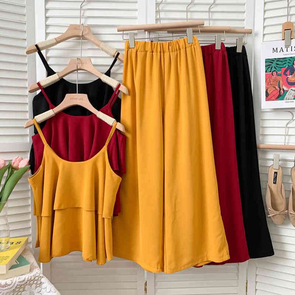 Moda de duas peças dupla camada de camisola Ruffled topo + cintura elástica pants largura pants mulheres estilo de verão 210507