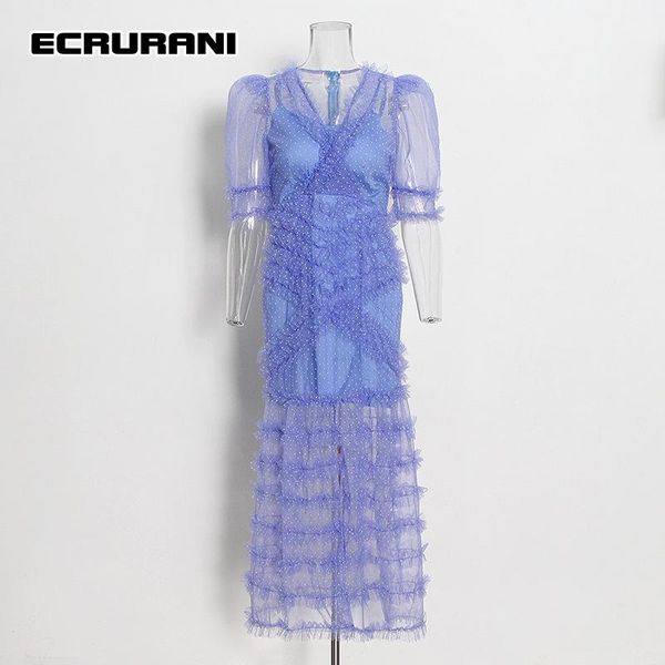 

party dresses ecrurani patchwork sheer mesh long dress for women v neck puff short sleeve high waist slimming 2021 female clothing, White;black