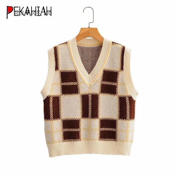 

women's vests vintage v-neck knitted sweater vest women winter clothing casual loose plaid beige pullover sweet chic 2021, Black;white