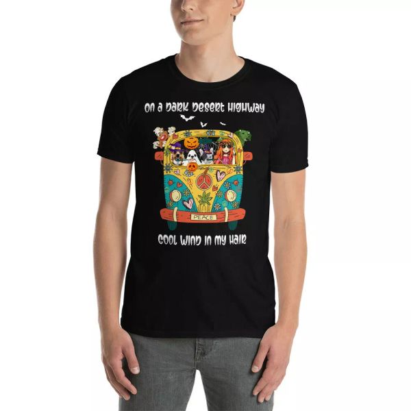 

on a dark desert highway cool wind in my hair hippie girl dog bus lover t-shirt, White;black