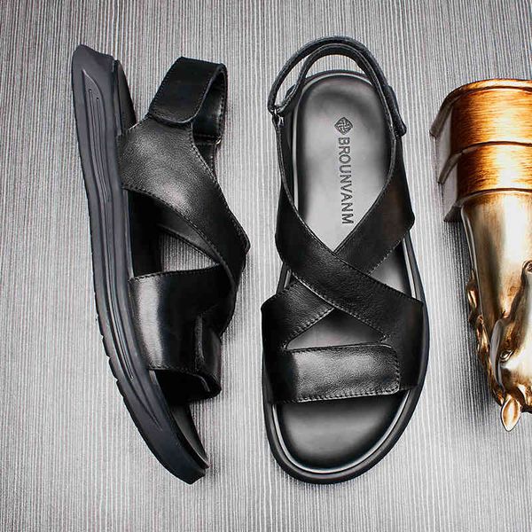 

slippers puwei sandals men's summer wear leather soft soled casual beach outdoor b7jc, Black