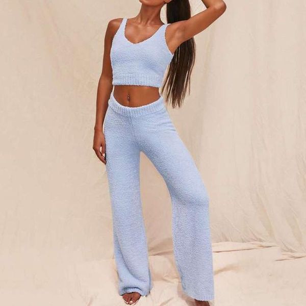 

women's two piece pants v-neck umbilical vesttrousers two-piece suit autumn fashion solid color elastic waist loose casual, White