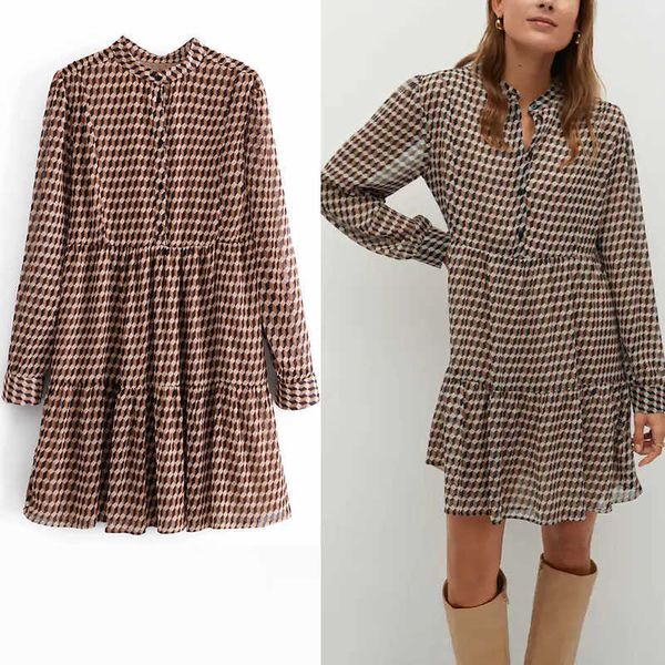 

za elegant print short dress women long puff sleeve o neck pleated office lady dresses fashion inner lining vintage vestido 210602, Black;gray