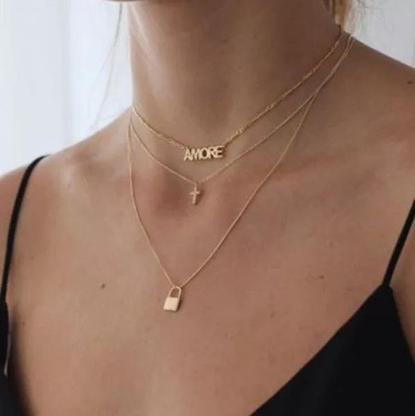 

chains three layer chain french amore letter cross lock necklace clavicle titanium steel gilded rose, Silver