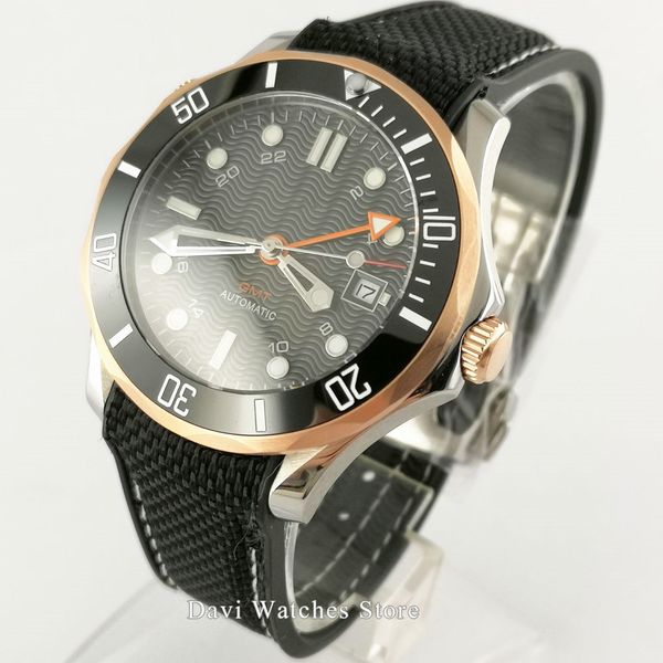 

sapphire glass 41mm black index plate automatic watch men date gmt function window rotating axle, Slivery;brown