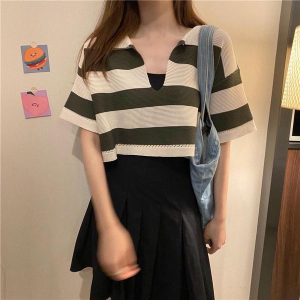 

contrasting color striped v-neck versatile short-sleeved pullover loose outer wear western style small short knit sweater women women's, White
