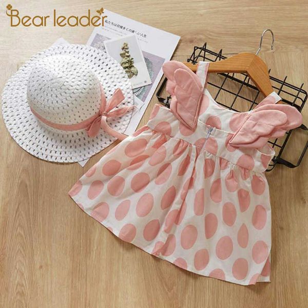 

bear leader baby girls dress kids sleeveless dress print dot baby birthday party princess dress with hat 2pcs girl clothes 210708, Red;yellow