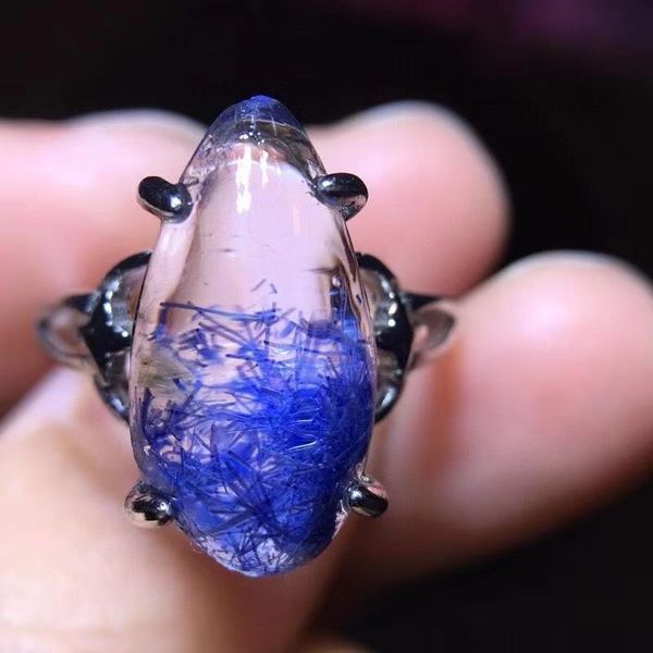 

natural blue dumortierite rutilated quartz crystal silver adjustable ring 17/8.8mm woman rings cluster, Golden;silver