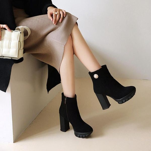 

boots aliona shoo plus size 34-43 fashion women ankle high heels platform motorcycle elegant zipper brown ladies shoes, Black