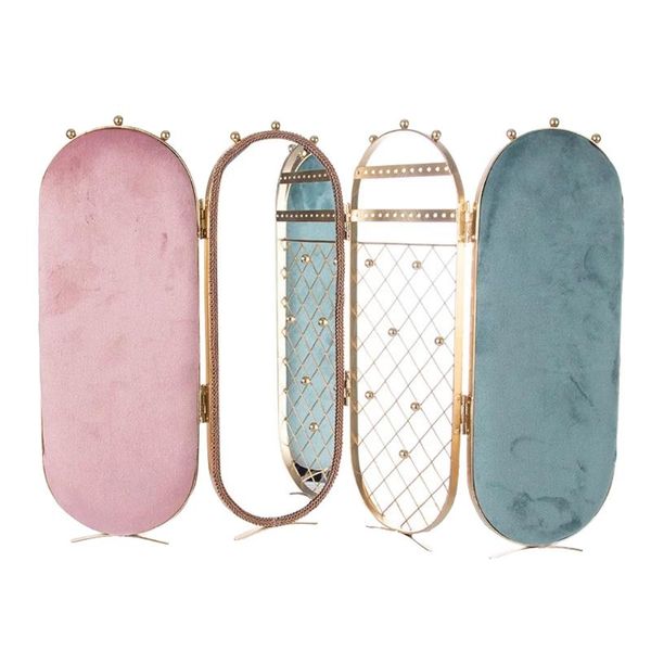 

jewelry pouches, bags flannel metal earrings studs display rack folding screen earring stand holder storage box, Pink;blue