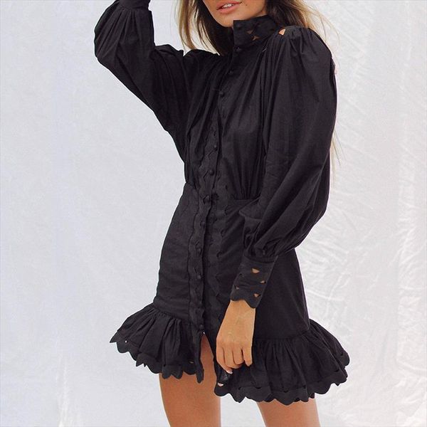

spring summer dress fashion women tank hollow out patchwork lantern sleeve button black white shirt mermaid mini