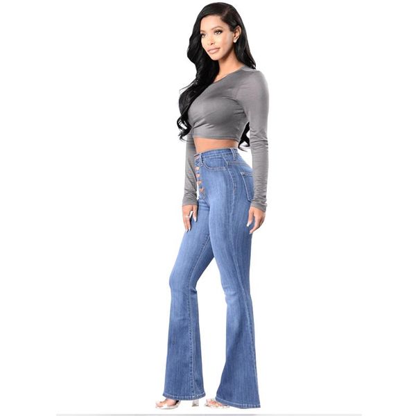 

women fashion style cowboy flare denim skinny jeans female high waisted bell bottom stretch pants women's, Blue