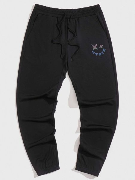 

men cartoon face print drawstring waist sweatpants e5sf#, Black