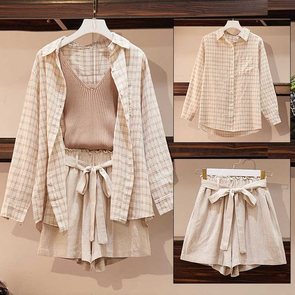 

women's shorts summer autumn women 3 piece sets casual cotton linen plaid shirt +knitted vest+ elastic waist wide  i2ba, White;black