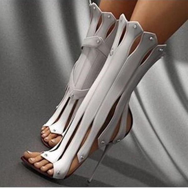 

vertical shape stiletto heel ankle boots peep toe metal heels studded strappy sandals red white black runway boot shoes