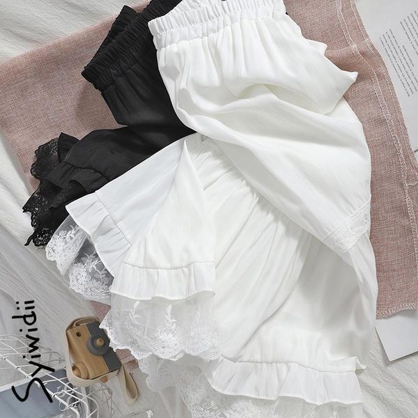 

skirts syiwidii lace spliced elastic high waist women casual a-line unicolor white black clothing 2021 summer korean fashion