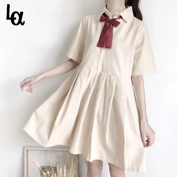 

luck a a-line sweet pleated dress girl bow botton pink blue turn down collar casual janpanese summer harajuku lolita dresses, Black;gray