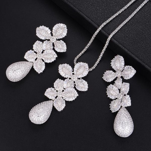 

earrings & necklace godki 71mmluxury leaf flower water drop women wedding cubic zirconia choker earring dubai jewelry set jewellery sets, Silver