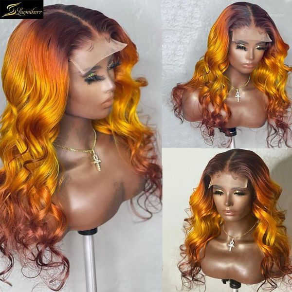 

body wave ombre ginger yellow colored hd transparent pre plucked glueless wigs invisible 13x6 lace front human hair closure1, Black;brown