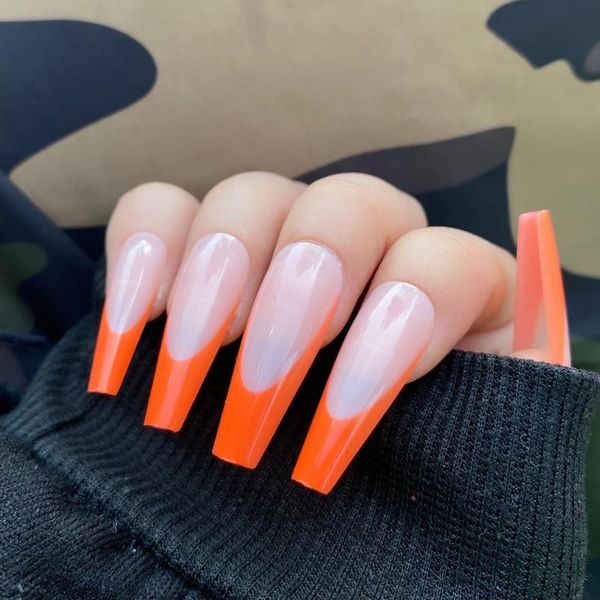 

orange extra long coffin press on nails with glue sticker wedding clear nude fake design artificial lange nep nagels false, Red;gold