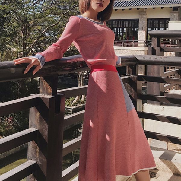 

pink autumn two piece fall o-neck long sleeve crop pullover sweater + high waist a-line midi skirt suit 2piece set women es, White