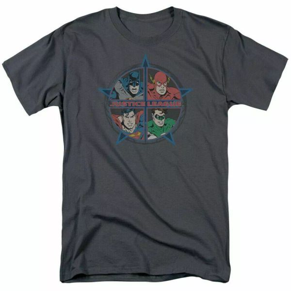 

justice league four heroes t shirt mens licensed dc comics tee charcoal, White;black