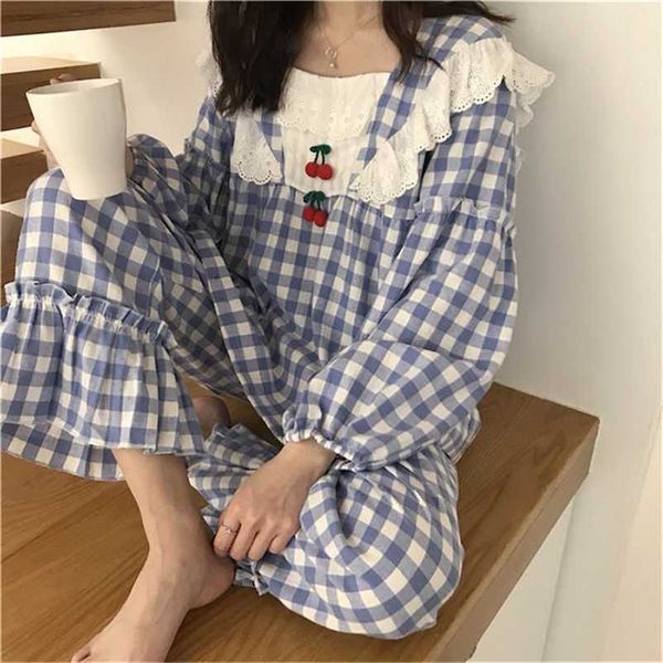 

alien kitty sweet fashion square collar princess sleepwear plaid gentle chic women loose pajamas suits fresh home clothes 211007, Black;red