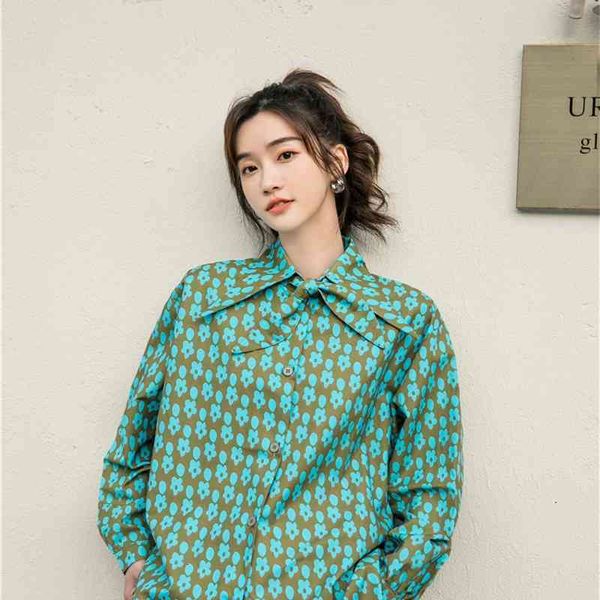 

women's two piece pants spring 2021 green floral print long sleeve oversized shirt women button up bow neck korean fashion an, White