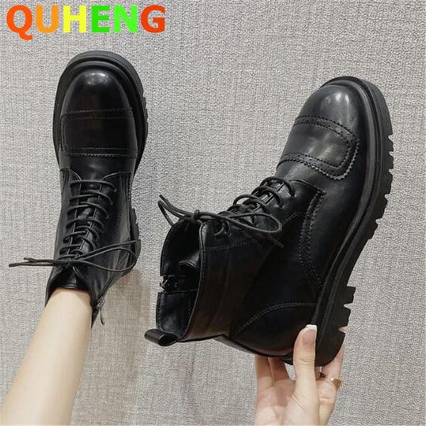 

boots women black british style 2021 autumn wild motorcycle fashion leather splicing platform short