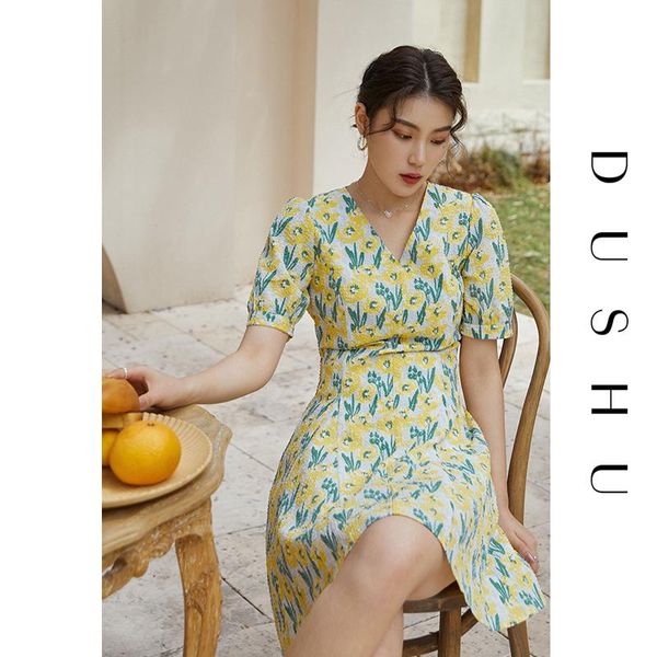 

casual dresses dushu plus size office lady oil painting style v-neck dress summer 2021 french retro yellow-green tea break, Black;gray