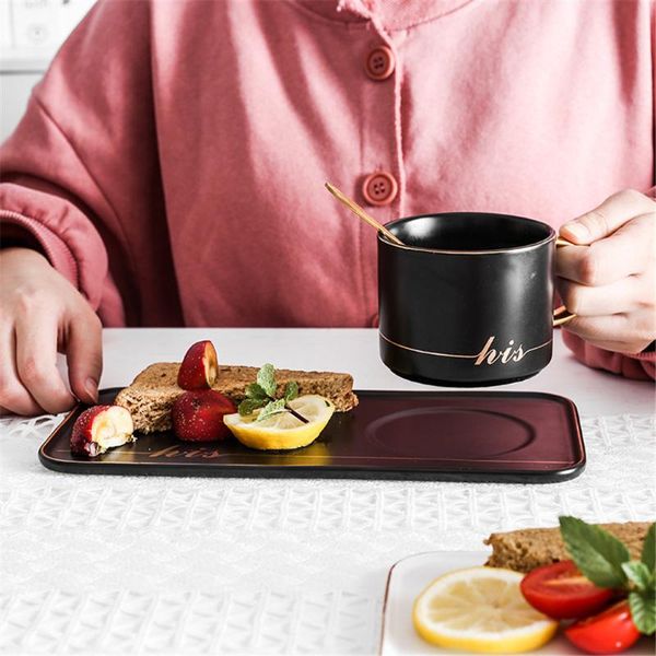 

cups & saucers high end coffee mug with tray dish set handle black/white lovers cup his letter pattern household milk tea mugs espresso