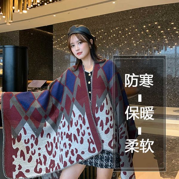 

2021 split leopard seri travel shooting scarf cape increased and thickened warm shawl, Blue;gray