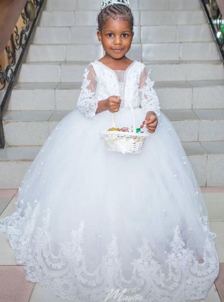 

2021 lace pearls flower girl dresses sequined long sleeves tulle ball gown lilttle kids birthday pageant weddding gowns, White;blue