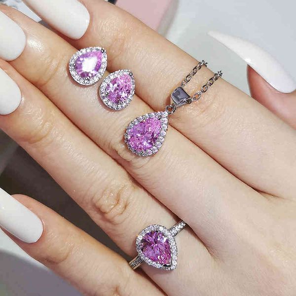 

3pcs pack valentine's day forlove two gift real 925 sterling silver pear engagement wedding bridal jewelry for brides j1517-pink