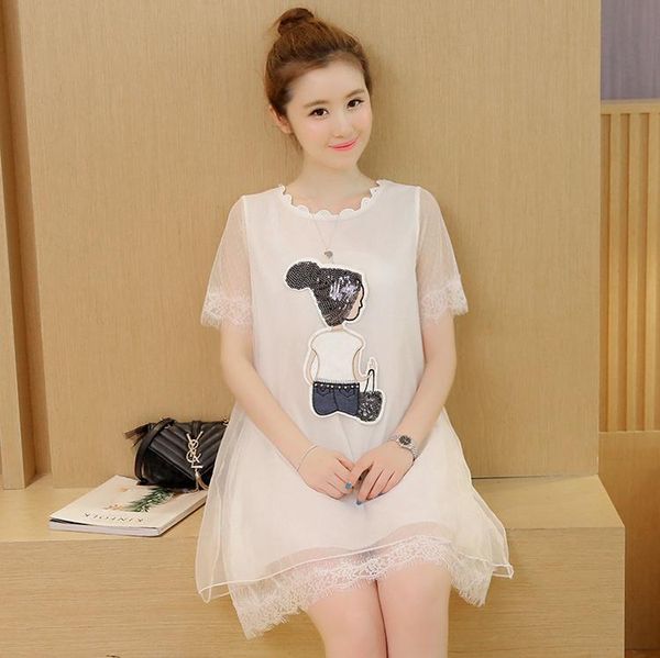 

7942# korean fashion organza short sleeve slim dress pregnant loose stylish women mom maternity dresses, White