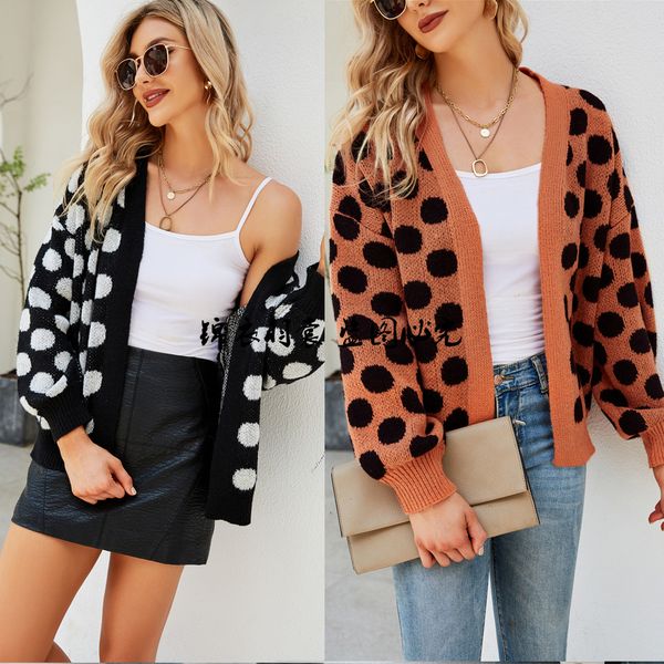 

2021 autumn winter new women's dot large knitted cardigan coat, White