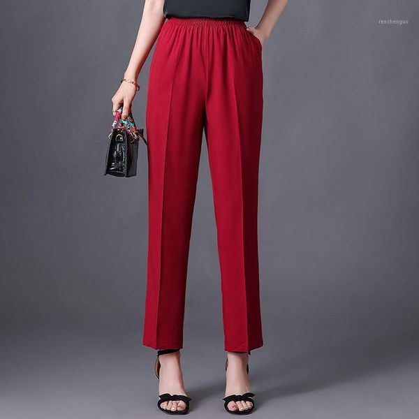 

women 2021 summer middle-aged loose thin pants female solid color straight ladies elastic waist casual trousers e97 women's & capris, Black;white