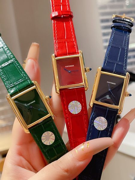 Classico nuovo orologio da donna in vera pelle Orologio rettangolare geometrico in acciaio inossidabile Quadrante blu verde rosso Orologio al quarzo CZ