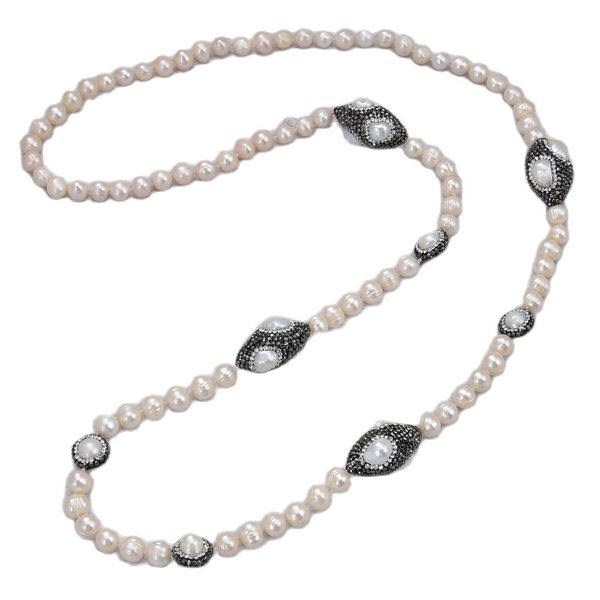 

guaiguai jewelry 8-9mm white pearl black crystal pave long necklace handmade for women, Silver