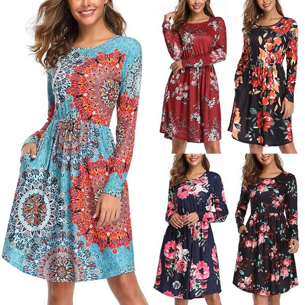 

casual dresses women lady long sleeve round collar printing dress fashion for beach party autumn tc21, Black;gray