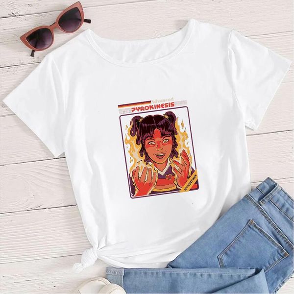 

animation fashion flame and women t shirt girl printed harajcku vogue short sleeve creative streetwear punk casual, White