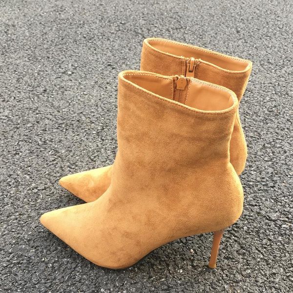 

boots women's fashion ankle solid color stilettos thin heel pointed toe flock woman shoes autumn winter female short, Black